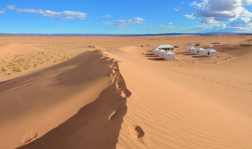 The dunes of Erg Lihoudi, in the south of Morocco, at Arawan Luxury Desert Camp