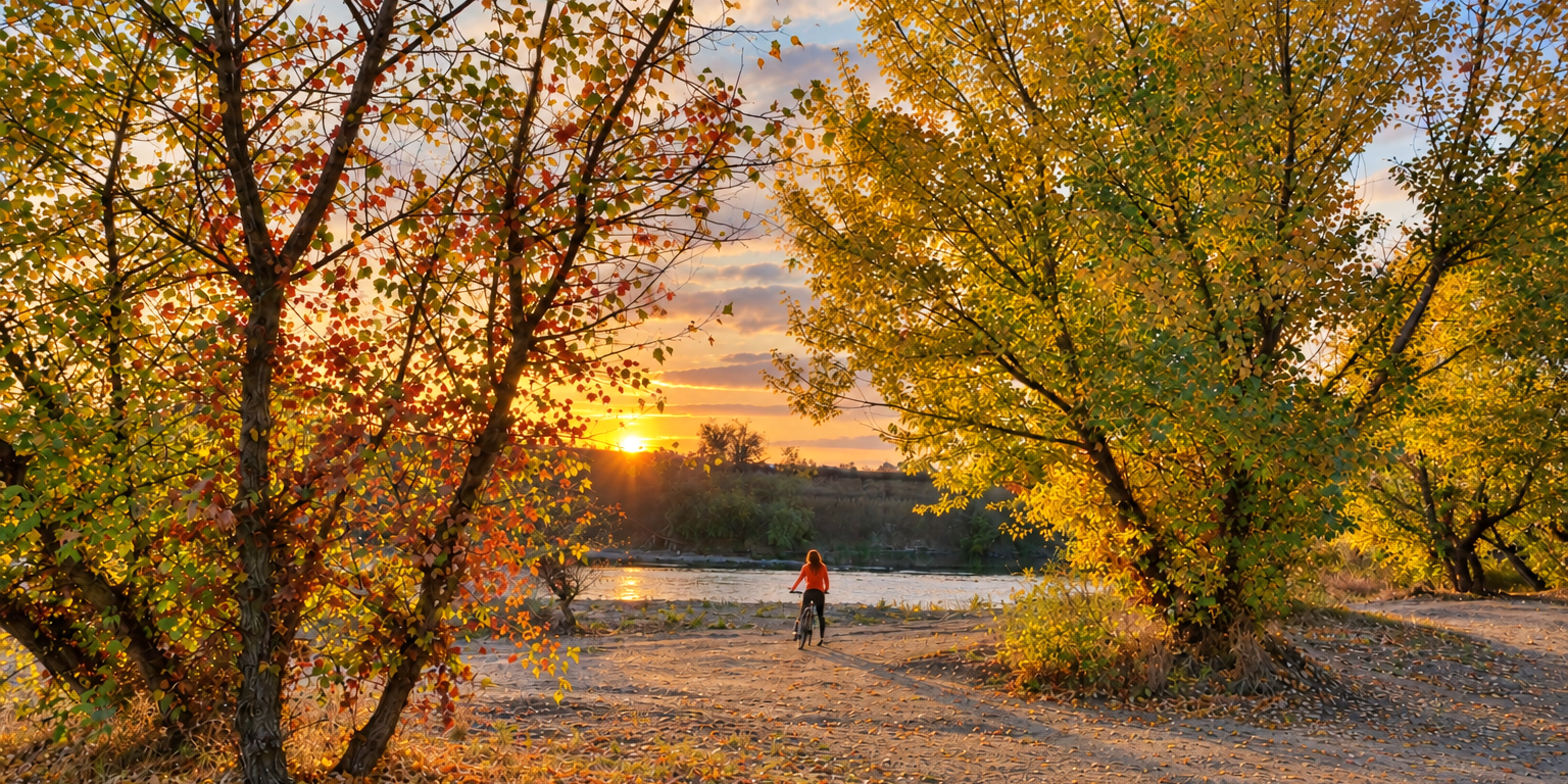Autumn Cyclist by the Sunset River