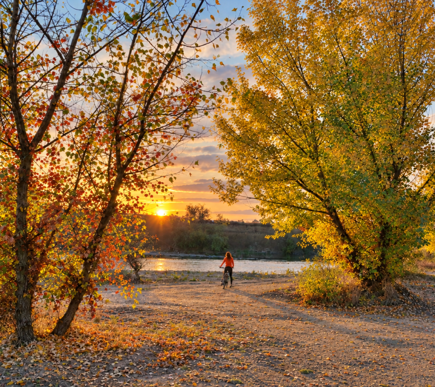 Autumn Cyclist by the Sunset River